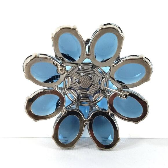 Vintage Blue Lucite Flower Rhinestone Brooch, 2 1/2 Inches - Picture 3 of 6